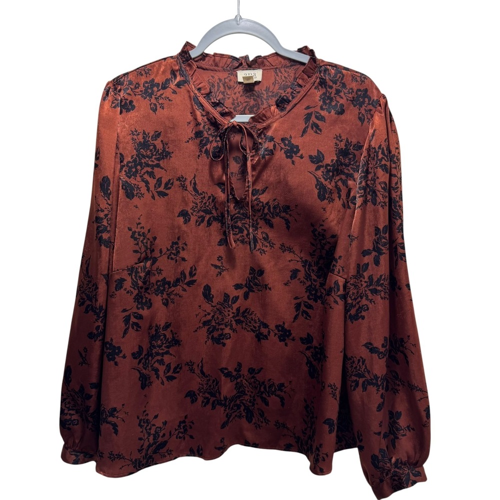 Rust Cottagecore Split Tie Black Floral Neck Satin Tunic Top Plus 1X Ruffle